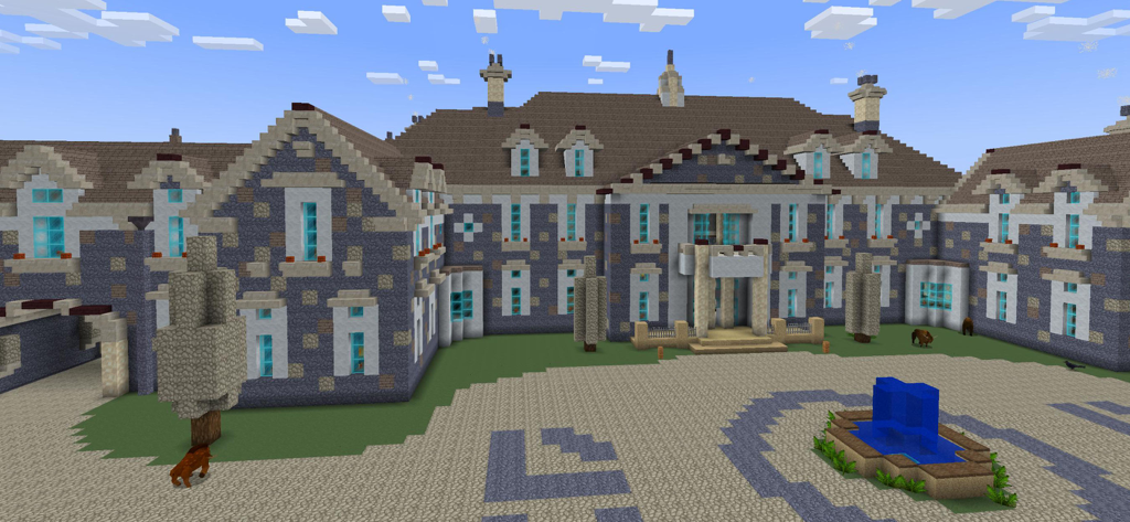 PrimalСraft 3D: Block Building - Una gran mansión de varios pisos construida con bloques en un juego sandbox 3D con una fuente y un patio