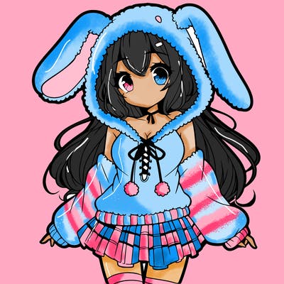 pretty anime girl wearing a fluffy hoodie with bunny ears on the hood and a skirt