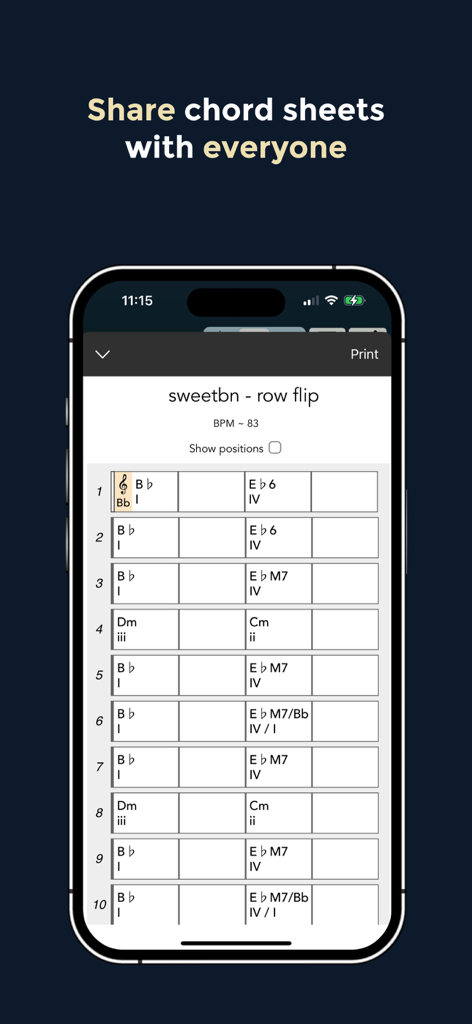 Music Memos - Chords & Lyrics - Partitura de acordes digital para una canción con notación musical y compases que se muestran en un dispositivo móvil