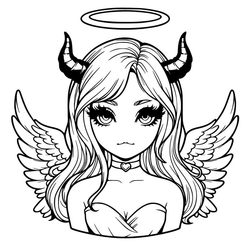realistic girl with horns and wings and halo