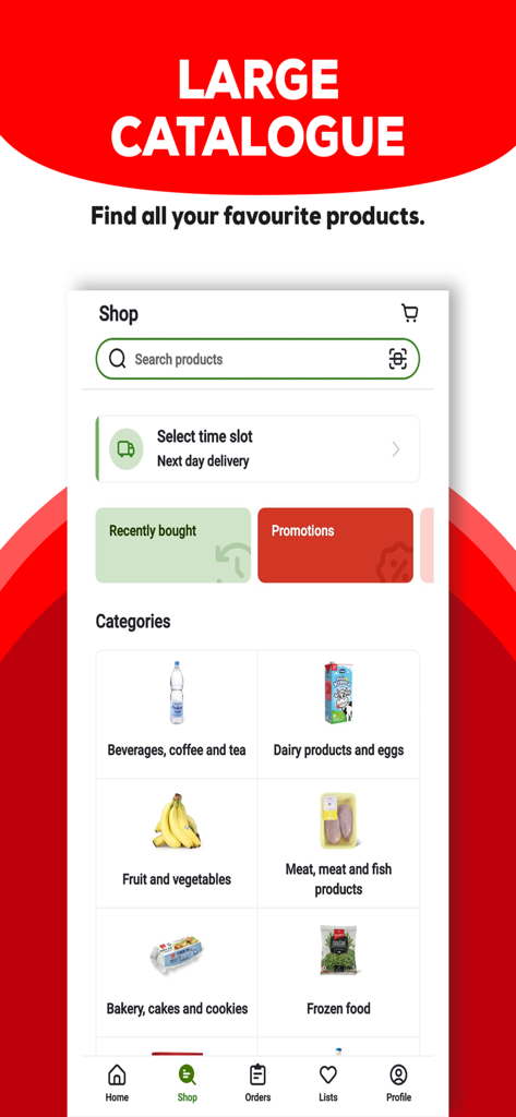 Interface da app Maxi Online a mostrar categorias de mercearia como frutas, laticínios e carne para compras online fáceis