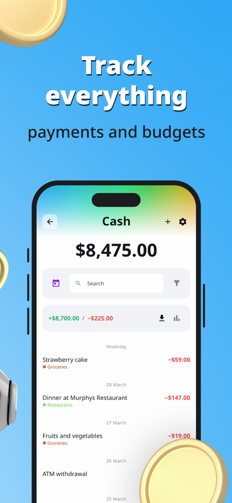 Expense Tracker. Money Manager - Smartphone-Bildschirm mit der Expense Tracker App-Oberfläche zur Verfolgung von Zahlungen und Budgets.