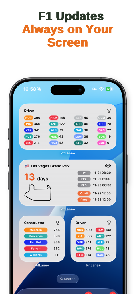 PitLane+ - iPhone-Startbildschirm mit PitLane Plus F1-Widgets für Fahrer-Ranglisten und Renn-Countdowns