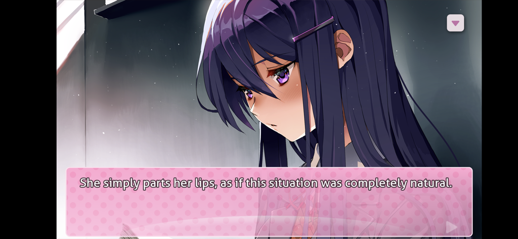 Doki Doki Literature Club! - Character Yuri blushing in a scene from the Doki Doki Literature Club visual novel.