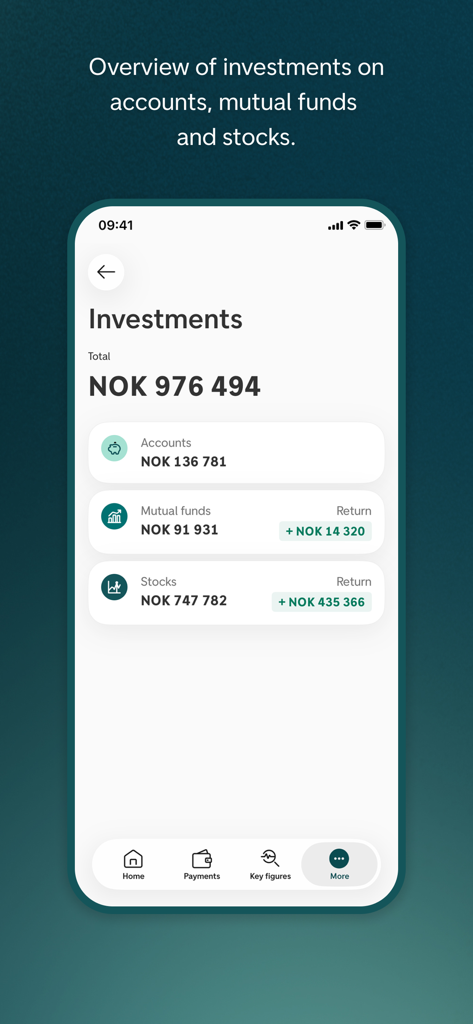 DNB Bedrift app investment dashboard showing accounts mutual funds and stocks overview