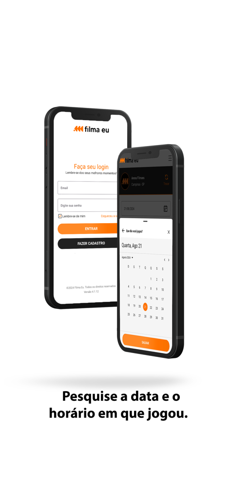 Two smartphones displaying the Filma Eu app login screen and match date selection calendar