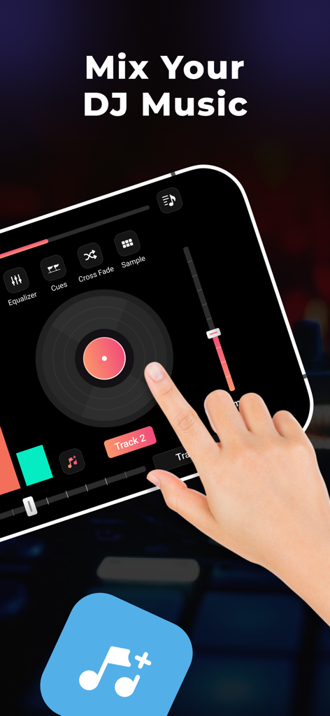 DJ Mixer - AI Vocal Remover - A person using a virtual turntable on the DJ Mixer mobile app interface