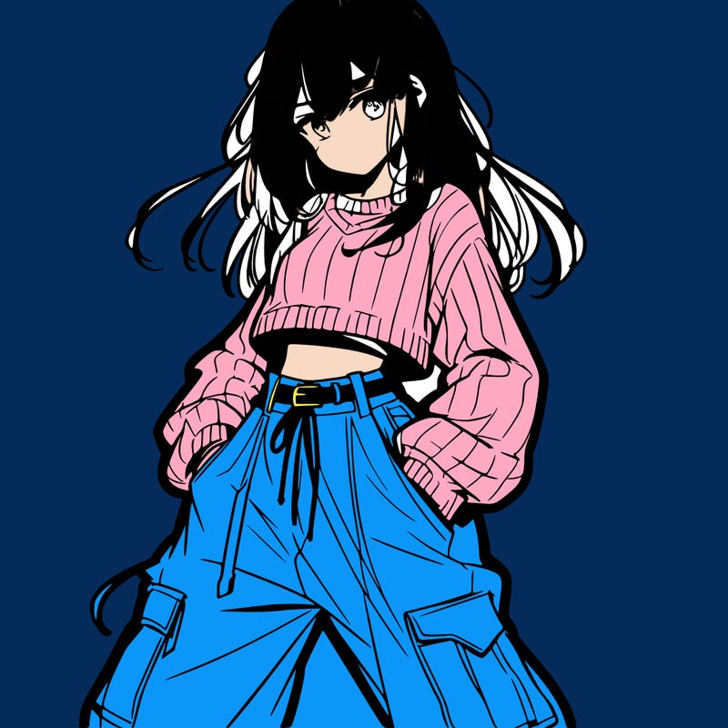 anime teen girl with baggy pants and crop top with sweater