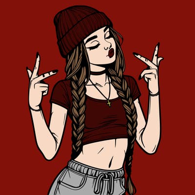 realistic teenage girl with braids and a beanie and crop top doing 🫶🏼