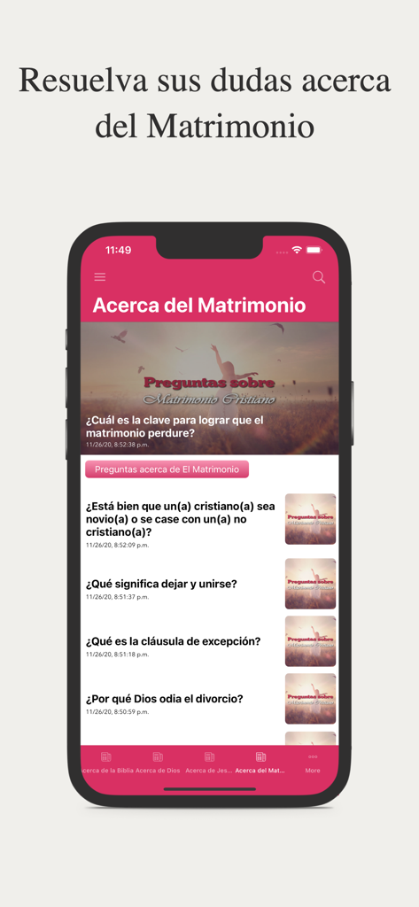 Devocionales para Mujeres - Christian devotional app screen in Spanish showing a Q and A section about marriage