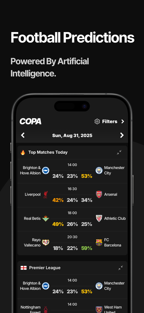 COPA: Football Predictions - Interfaz de la aplicación móvil COPA que muestra probabilidades de victoria de partidos de fútbol impulsadas por IA y lista de partidos principales