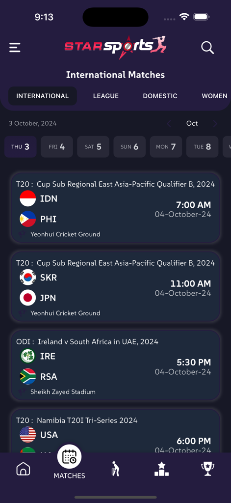 Star Sports Cricket - International cricket match schedule and upcoming fixtures in the Star Sports Cricket app