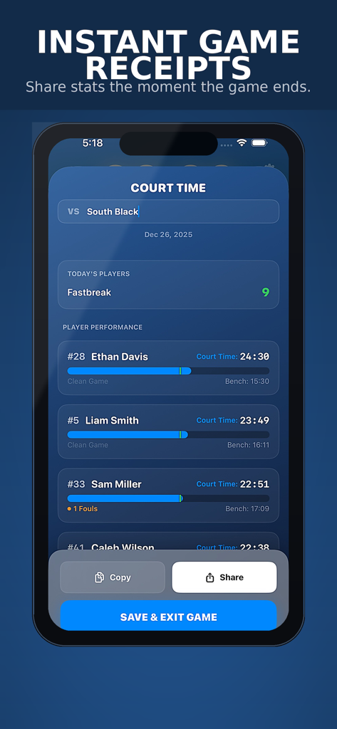 Court Time - A mobile app screen displaying basketball game results with player court time and performance stats