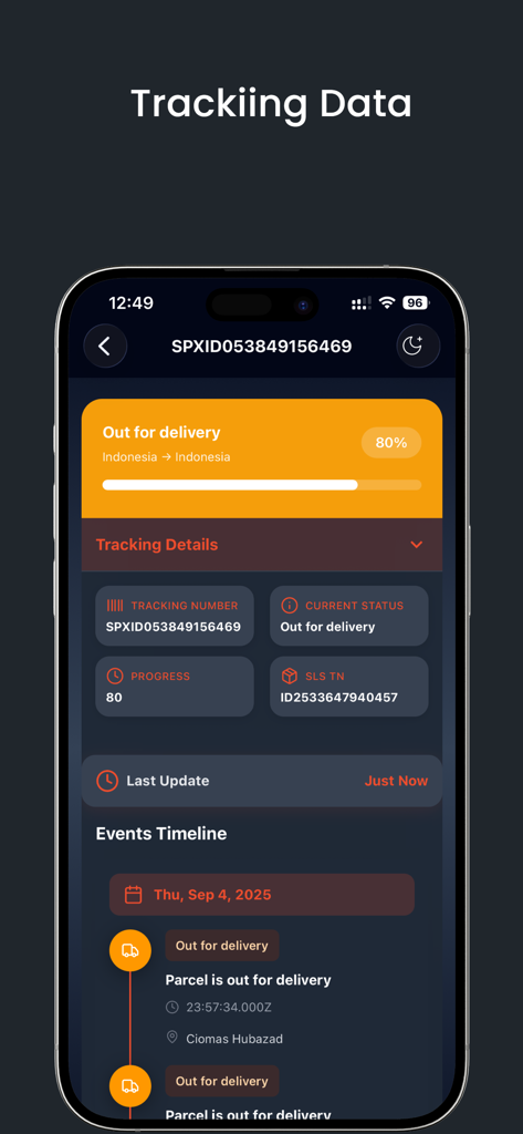 Spx Tracking - shopee! tracker - 進捗バーと配送状況が表示されたShopee Express追跡詳細を表示するモバイルアプリのインターフェース。