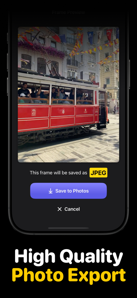 Hochwertiger JPEG-Fotoexport aus einem Videobild in der Framera-App