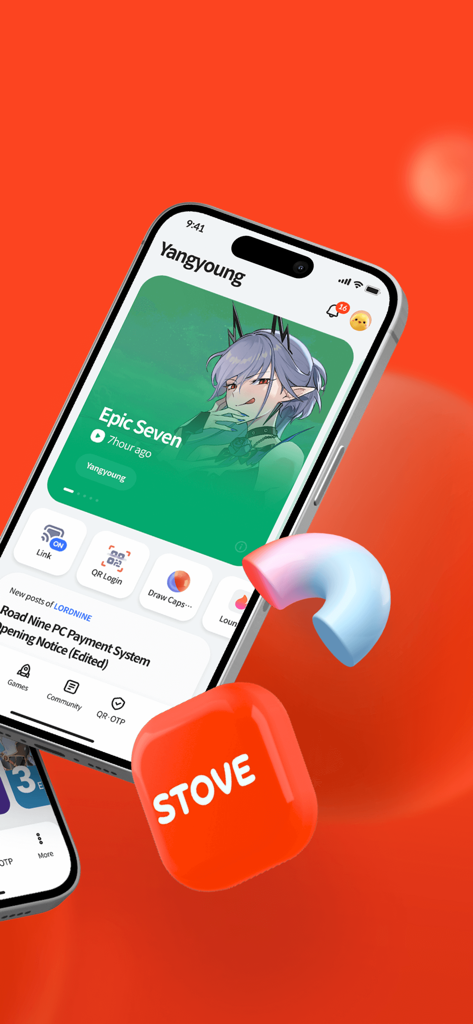 STOVE App - Écran d'accueil de l'application STOVE affiché sur un iPhone, présentant l'activité de jeu pour Epic Seven et des outils d'accès rapide comme la connexion QR.