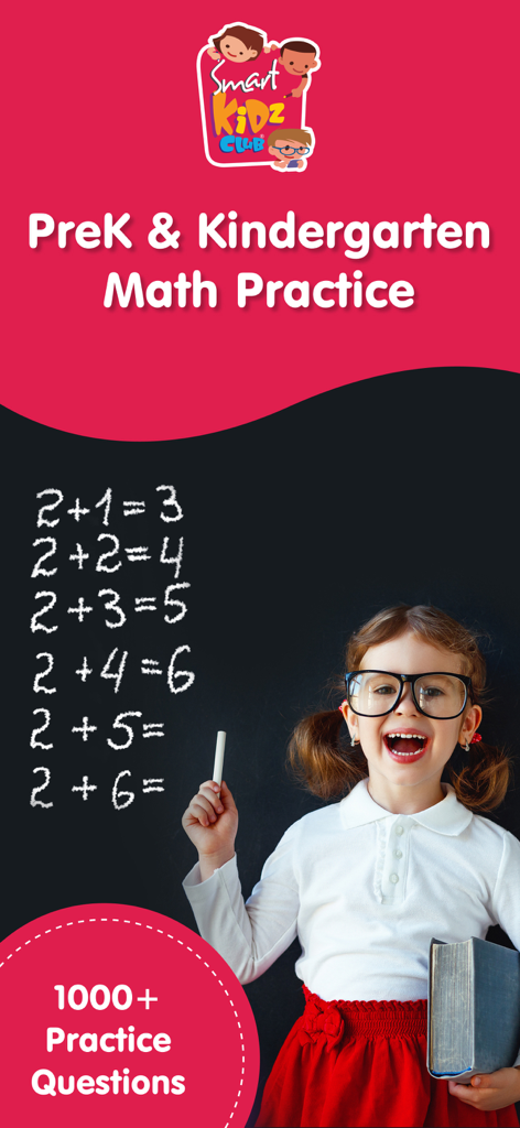 A smiling young girl wearing glasses next to a chalkboard with math addition equations