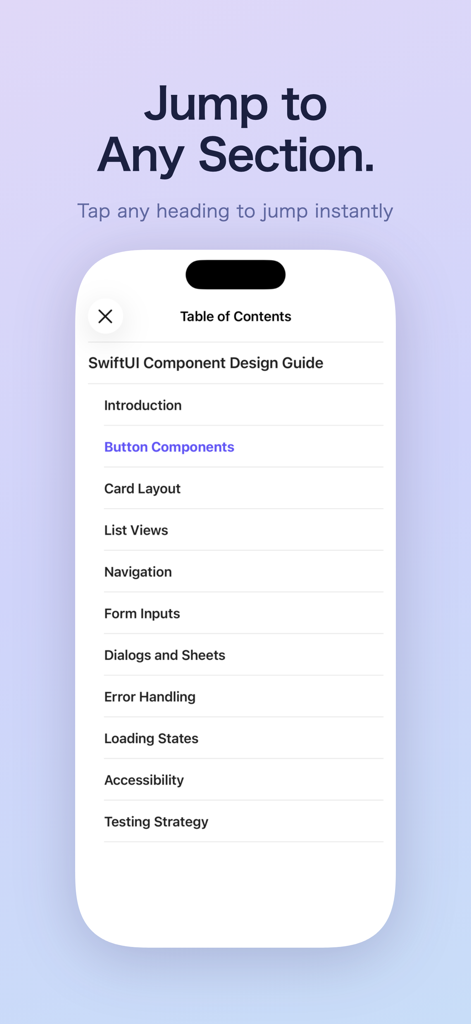Markdown Reader - View Only - Table of Contents feature in Markdown Reader app showing document sections for quick navigation.