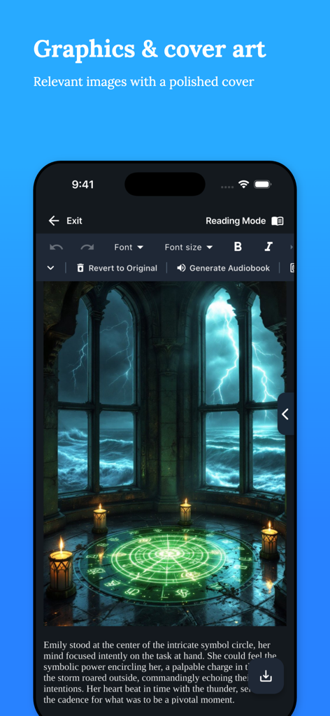 AI Book Writer - Nellie - Nellie AI app interface showing a book page with AI generated mystical illustration and story text
