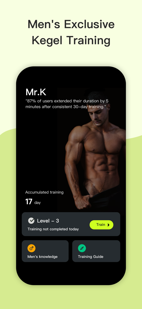 Mr.K - Longer lasting sex - L'interface de l'application Mr.K montrant le tableau de bord d'entraînement exclusif Kegel pour hommes avec suivi des progrès et niveaux d'entraînement.