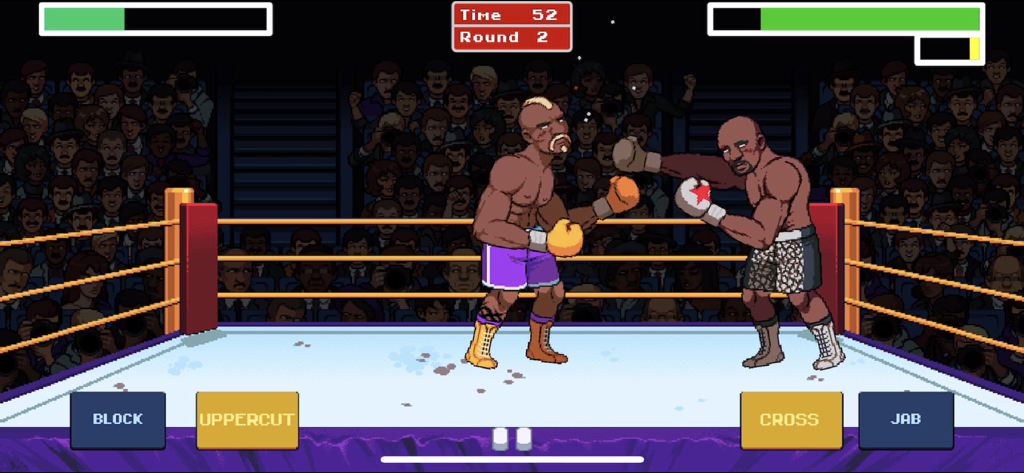 Two pixel art boxers fighting in a boxing ring in Big Shot Boxing.