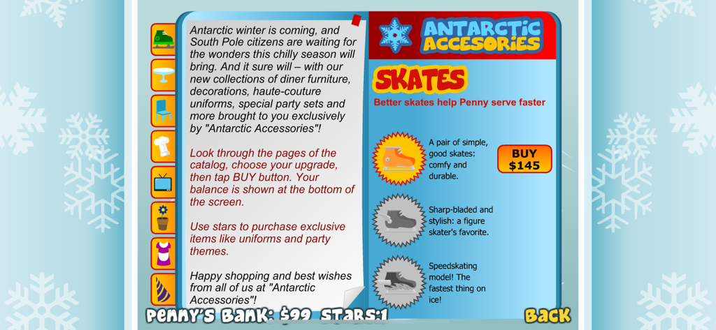 El menú de la tienda dentro del juego en Penguin Diner 2 que muestra mejoras de patines para Penny.