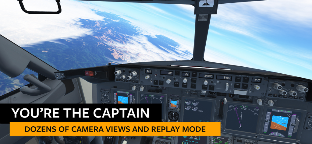 Una vista detallada de la cabina de un avión comercial que muestra instrumentos de vuelo y controles volando sobre un paisaje montañoso cubierto de nubes.