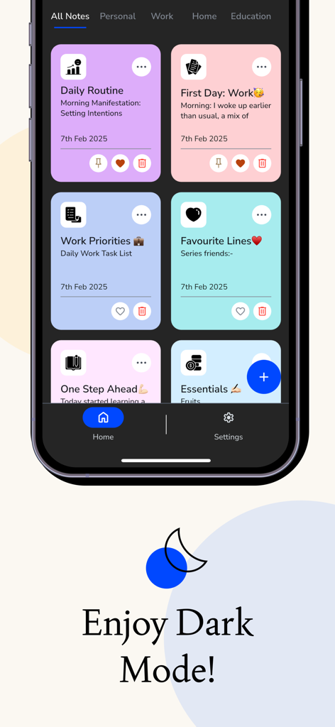 Note.s Taking App - NotesU - Interfaz de la aplicación NotesU en modo oscuro que presenta coloridas tarjetas de notas para tareas y rutinas