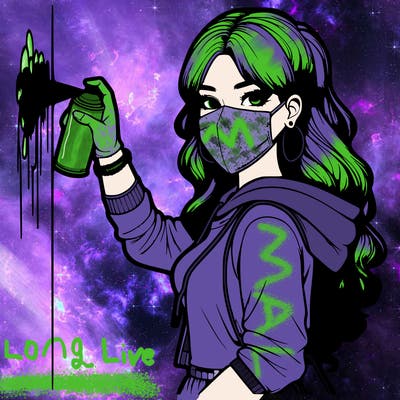 realistic girl with mask spray painting a wall