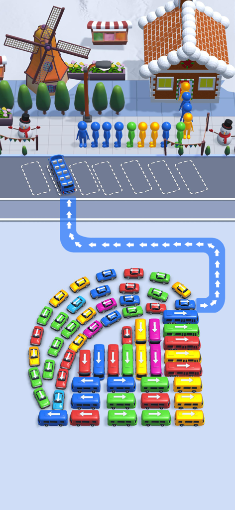 Bus Escape: Traffic Jam 3D - 3D mobile game screen showing a color-coded traffic jam puzzle in a snowy winter landscape with passengers and buses