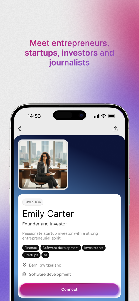 A professional profile card for an investor named Emily Carter within the Web Summit app with a connect button.