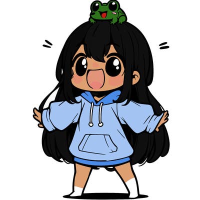 a excited chibi girl whith long hair and a baggy shirt whith a frog on there head