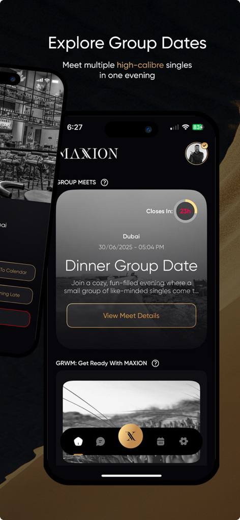 Interfaz de la aplicación MAXION que muestra la función Explorar Citas Grupales con un evento de Cena Grupal para solteros de alto calibre en Dubái