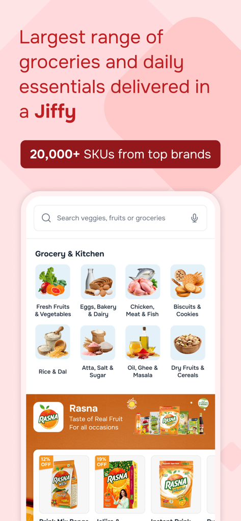 Jiffy by Spencers - Jiffy by Spencers mobile app home screen showing grocery categories and promotional banners for fast delivery
