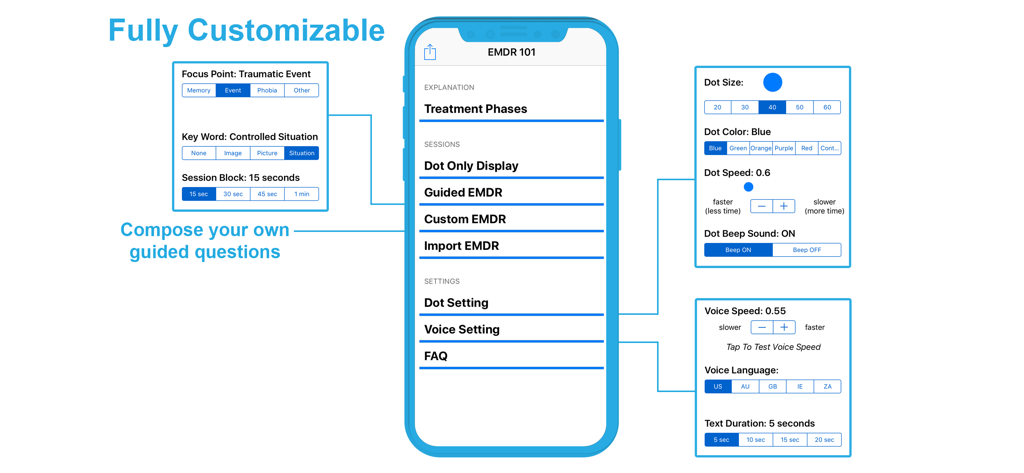 EMDR 101 - EMDR 101アプリのインターフェースで、カスタマイズ可能なセラピーセッション設定と音声オプションが表示されています。
