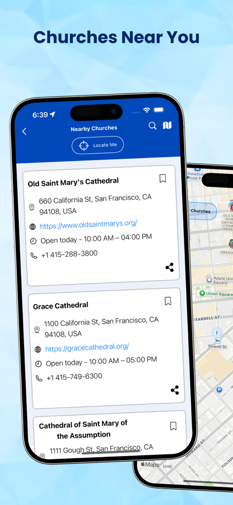 Zulu Bible - A mobile screen from the Zulu Bible app displaying a list of nearby churches with their addresses and contact details