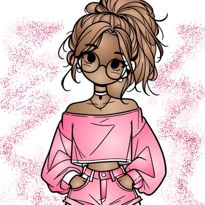 girl with a messy ponytail glasses a baggy crop top and jean shorts