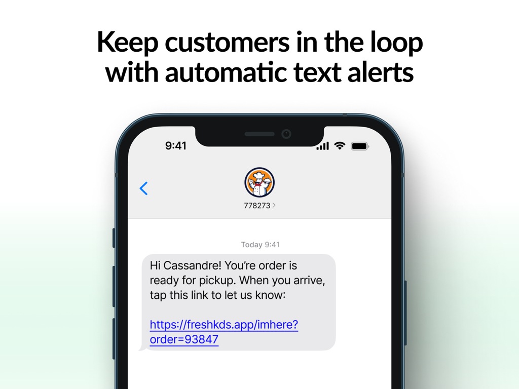 Fresh KDS | #1 Kitchen Display - A smartphone screen showing an automatic SMS notification from Fresh KDS informing a customer that their order is ready for pickup.