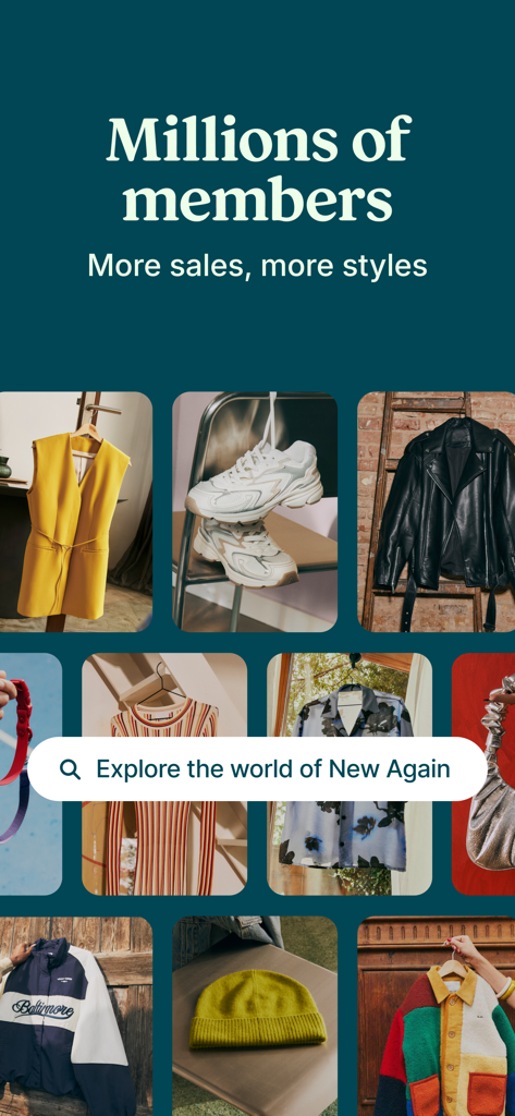 Vinted: Shop & sell pre-loved - Vintedアプリの画面。古着のコレクションを表示し、数百万人のメンバーがいることを示しています。