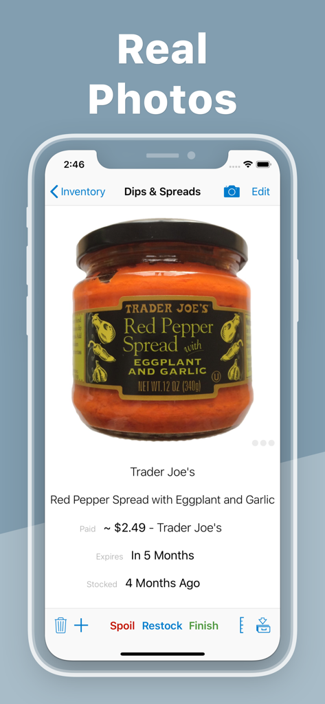 Pantry Check app screen showing a grocery item photo with price and expiration details
