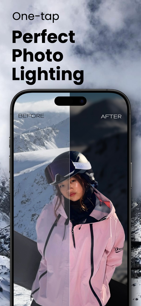 Pecra: Pro Camera Finish - Before and after split screen showing professional lighting effects on a portrait photo