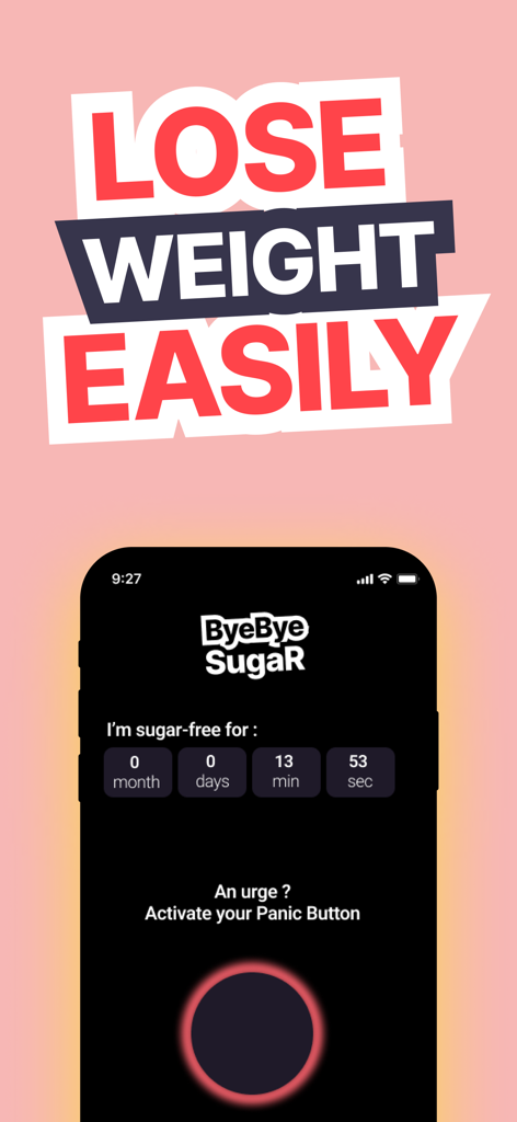 Quit Sugar Detox: BYEBYE SUGAR - ByeBye Sugar app interface showing a sugar-free progress timer and a craving panic button