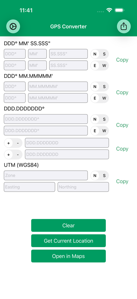 Interface of the GPS Format Converter app showing input fields for DMS, Decimal Degrees, and UTM coordinates.