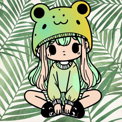 a girl wearing a frog hat and some frog socks