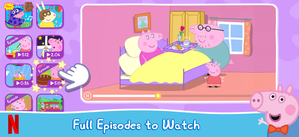 Peppa Pig y su familia en un reproductor de video mostrando episodios completos para niños en la aplicación de Netflix.