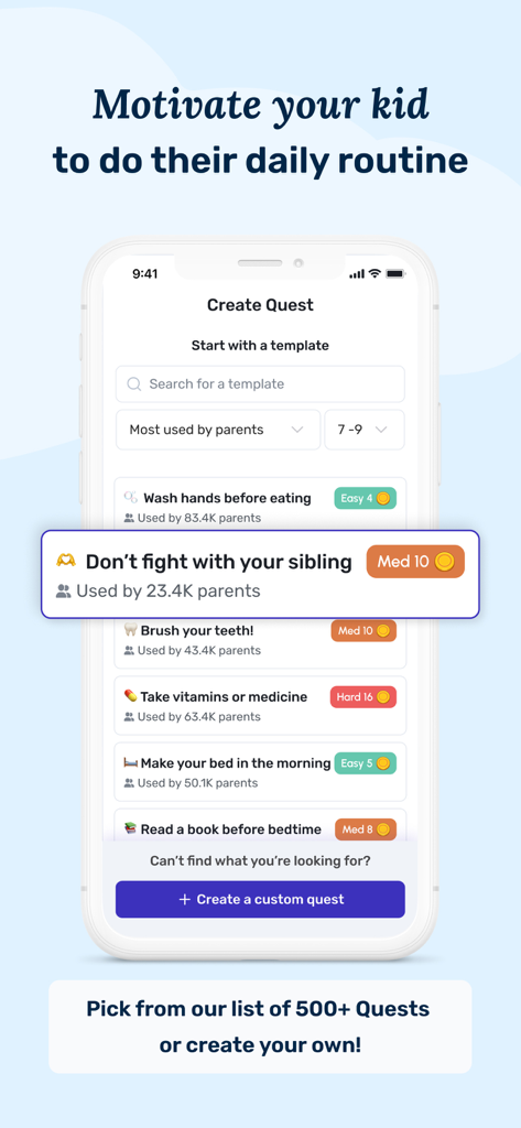 La pantalla de creación de misiones de la aplicación Joon con una lista de rutinas diarias para niños con TDAH