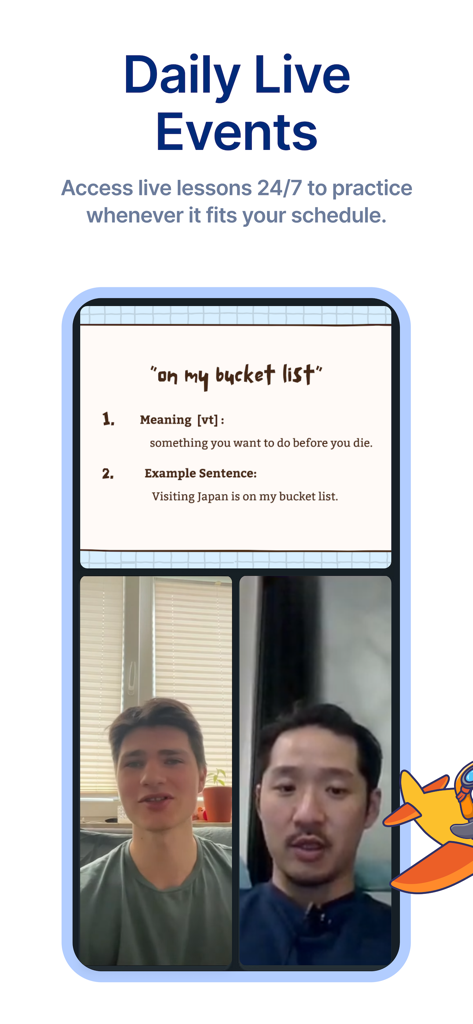 SpeakDuo - SpeakDuo app screenshot showing a live video conversation and vocabulary lesson for daily English practice.