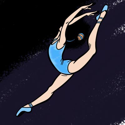 gymnast doing a leap in a leotard with a bent back leg