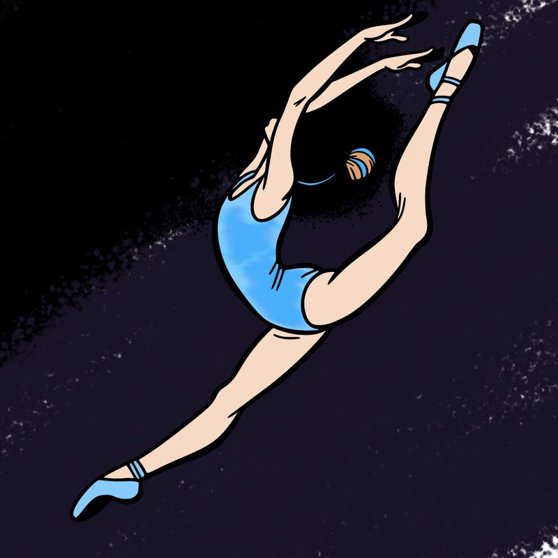 gymnast doing a leap in a leotard with a bent back leg