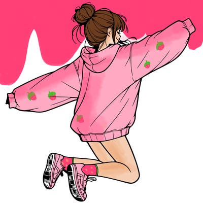 realistic girl jumping with a bun and oversized sweatshirt